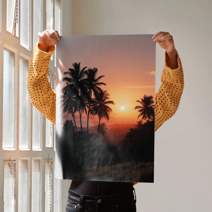 Vertical beach sunset poster with silhouetted palm trees and vibrant orange sky wall art.