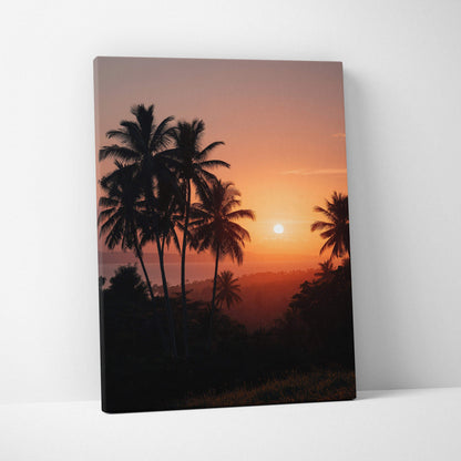 Sunset beach scene with silhouetted palm trees on vertical canvas wall art.
