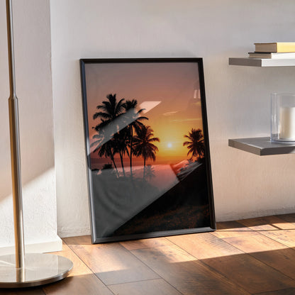 Vertical beach sunset wall art poster with silhouetted palm trees and warm orange sky.