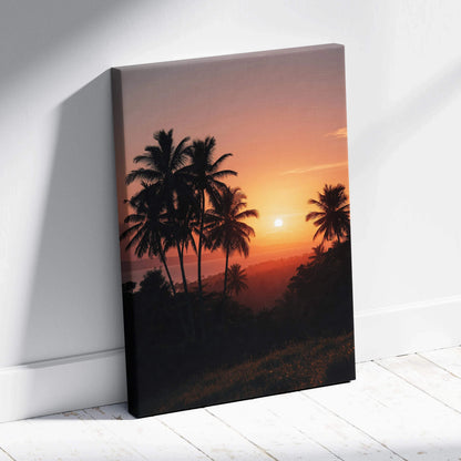 Canvas wall art featuring a vibrant beach sunset with silhouetted palm trees.