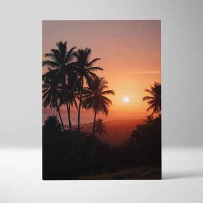 Sunset beach scene with silhouetted palm trees on vertical canvas wall art.