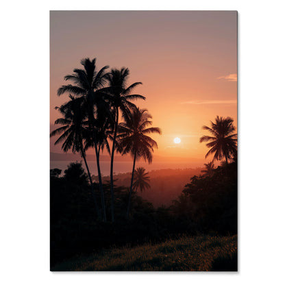 Vertical beach sunset poster featuring silhouetted palm trees against a warm orange sky wall art.