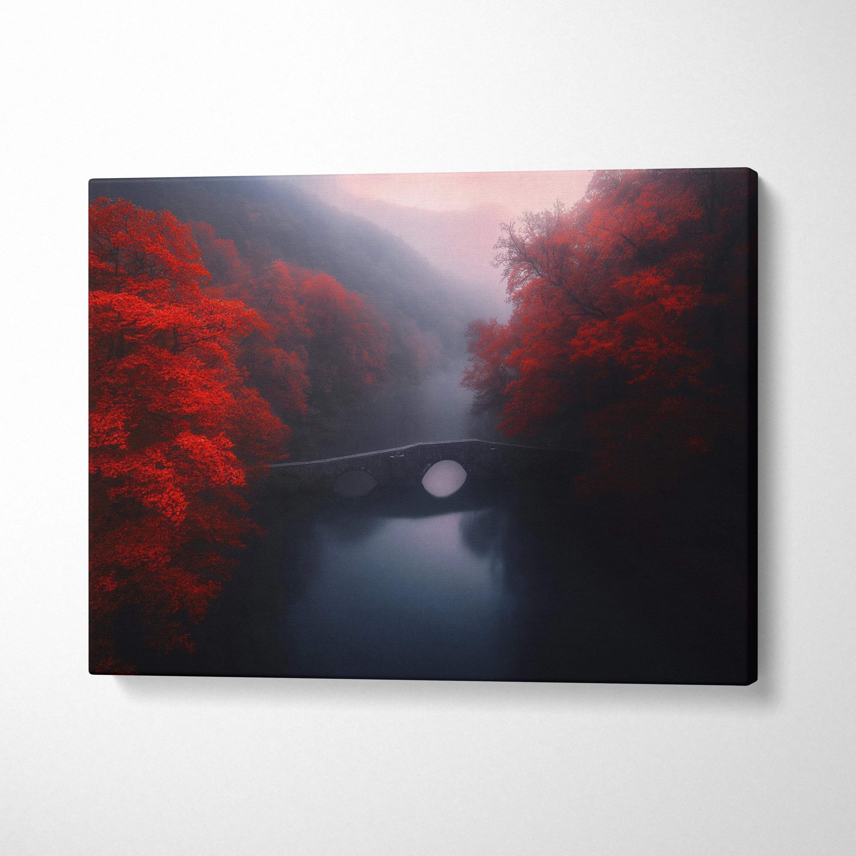 Canvas print of surreal crimson forest with misty bridge over river