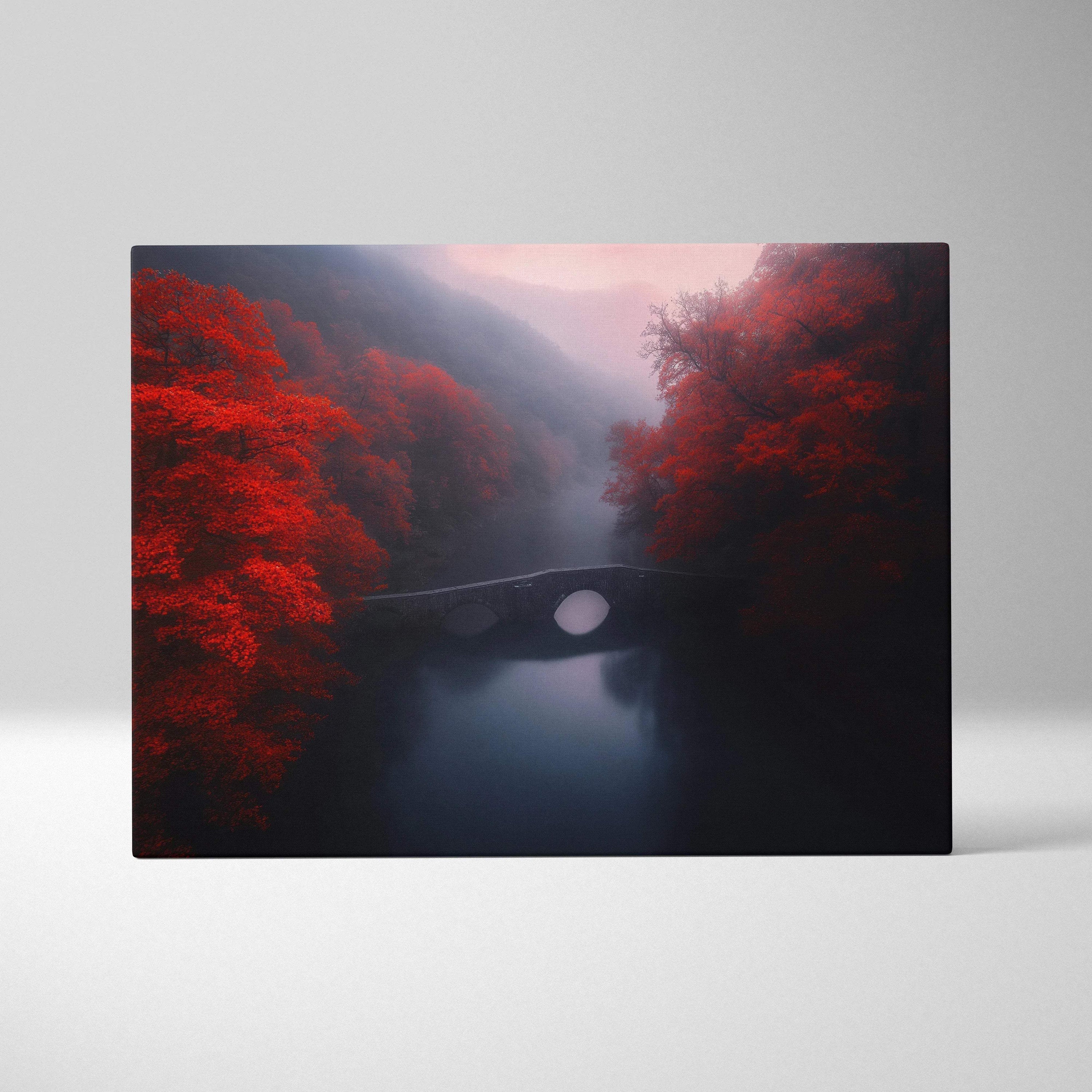 Canvas print of surreal crimson forest bridge over misty river