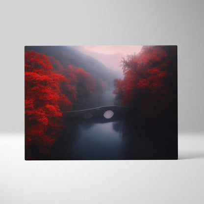 Canvas print of surreal crimson forest bridge over misty river
