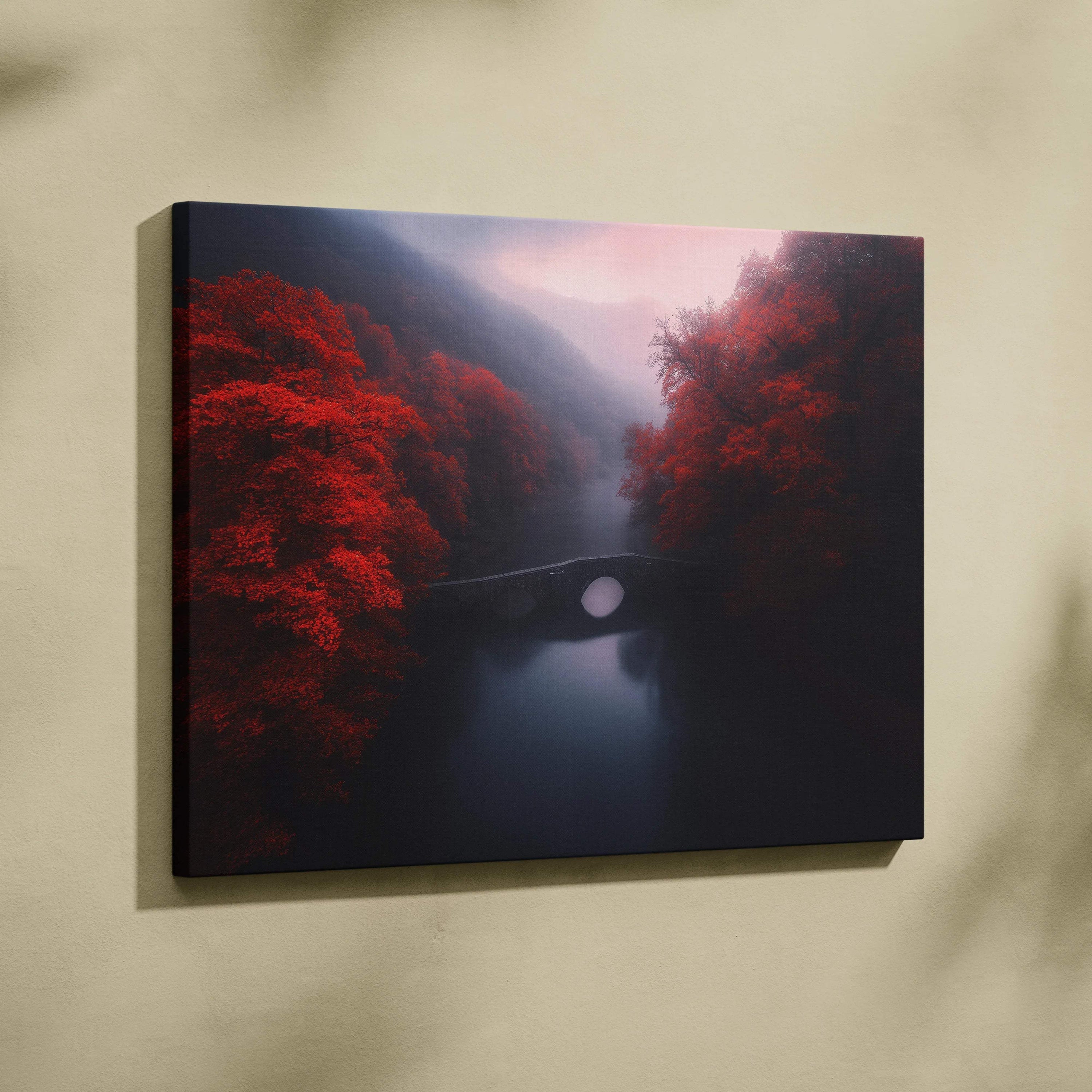Canvas print of surreal crimson forest, misty valley, bridge over dark river on wall