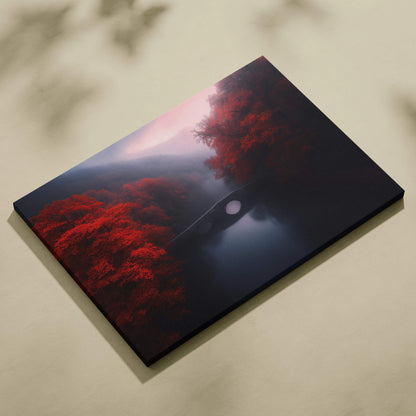 Canvas print of surreal crimson forest with bridge over river, moody misty red trees and moon