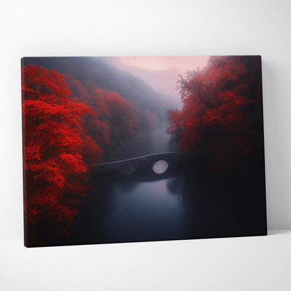 Canvas print of surreal crimson forest with misty bridge over river