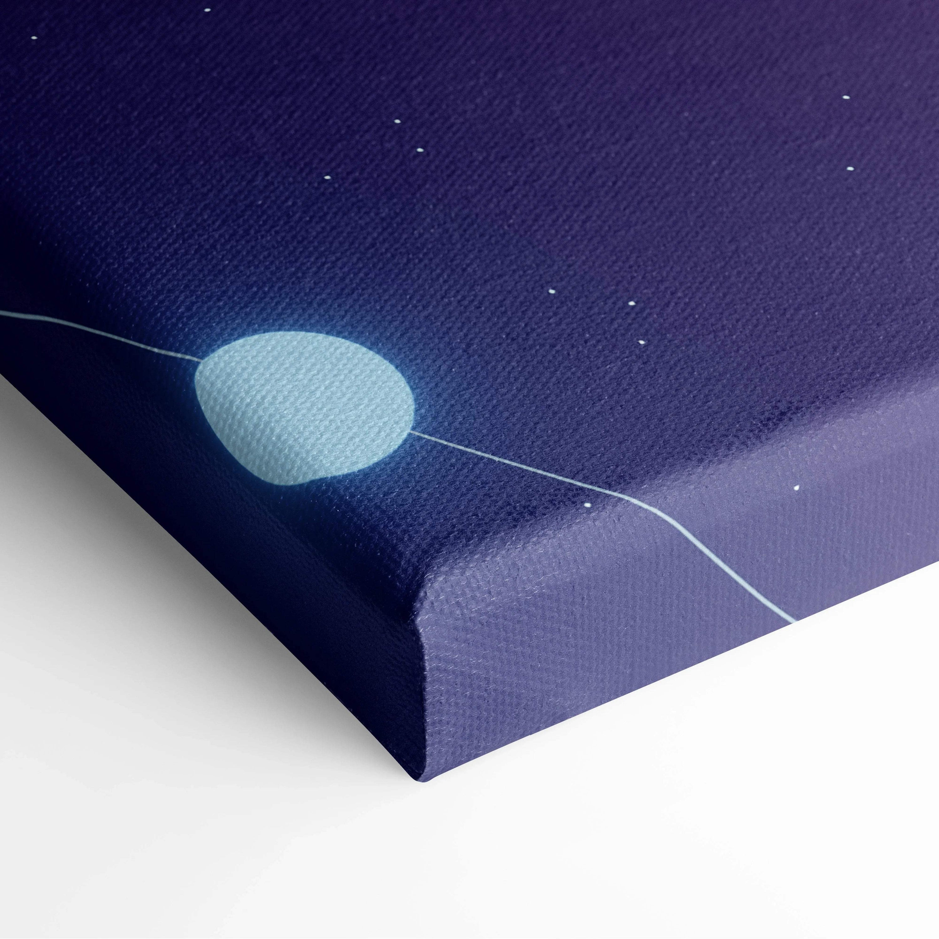 Minimalist solar system canvas art in deep navy with blue glowing planets and orbits