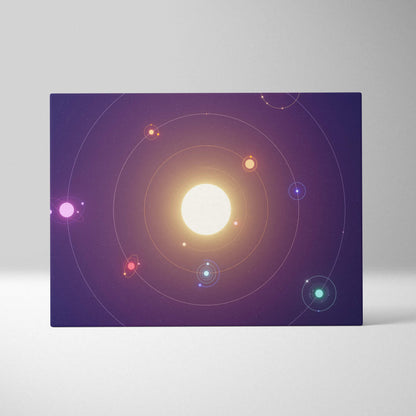 Purple minimalist solar system canvas wall art with glowing planets and neon orbits
