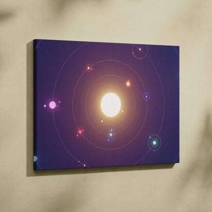 Minimalist solar system canvas wall art with glowing sun and orbiting planets in purple blue neon accents