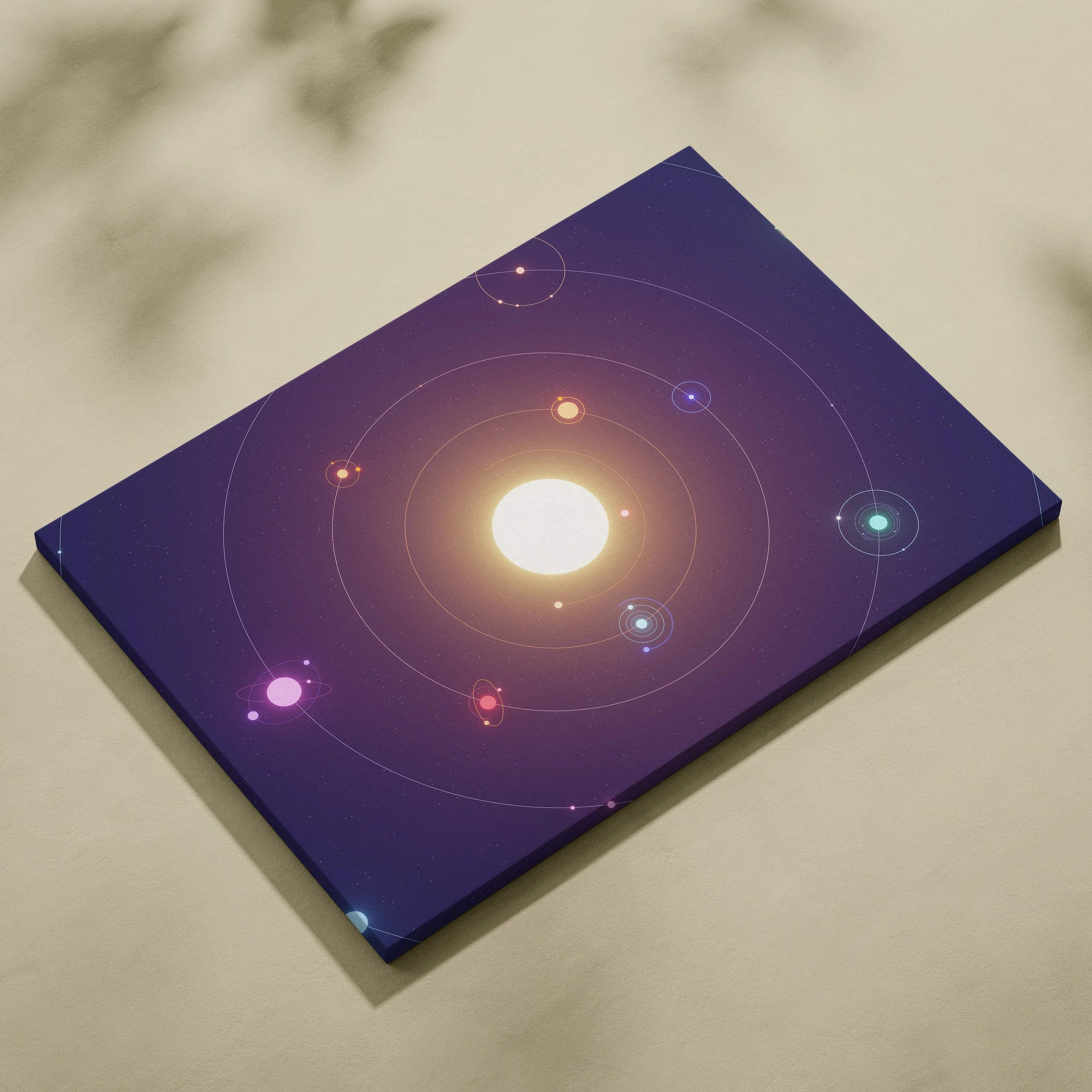 Minimalist purple solar system canvas with glowing planets and neon orbits