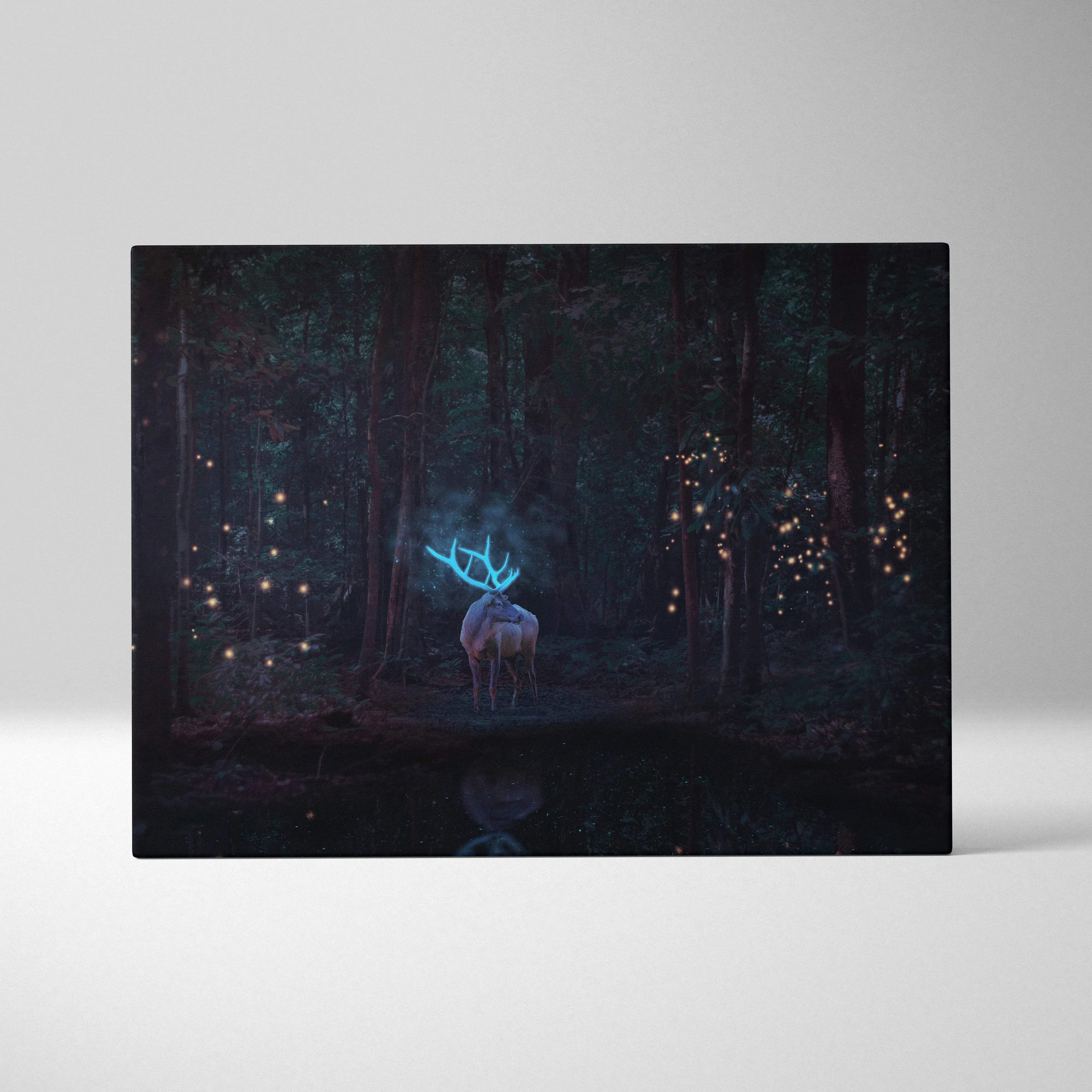 Surreal fantasy stag canvas wall art with glowing blue antlers in dark forest fireflies