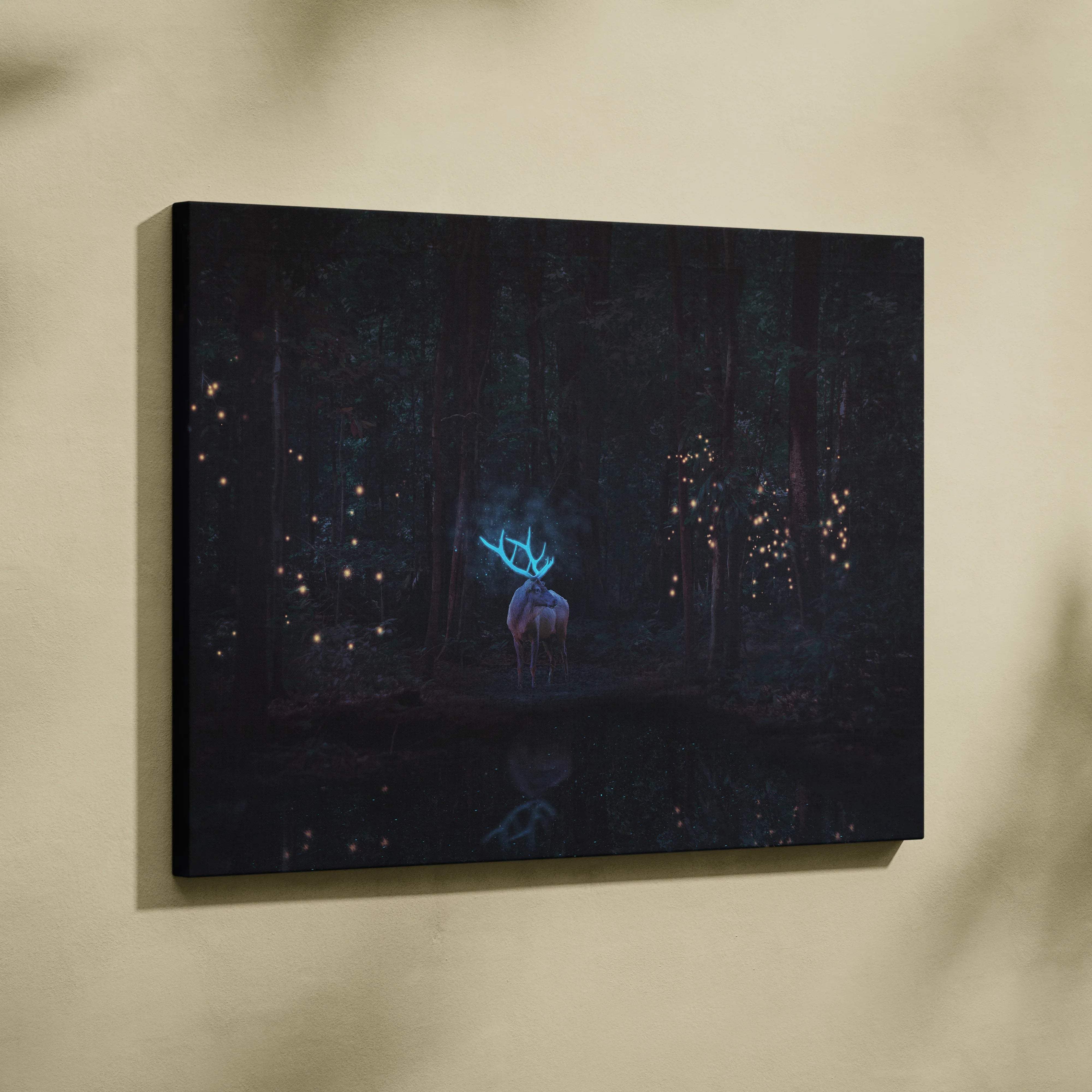 Surreal fantasy stag canvas art with glowing blue antlers in dark forest fireflies