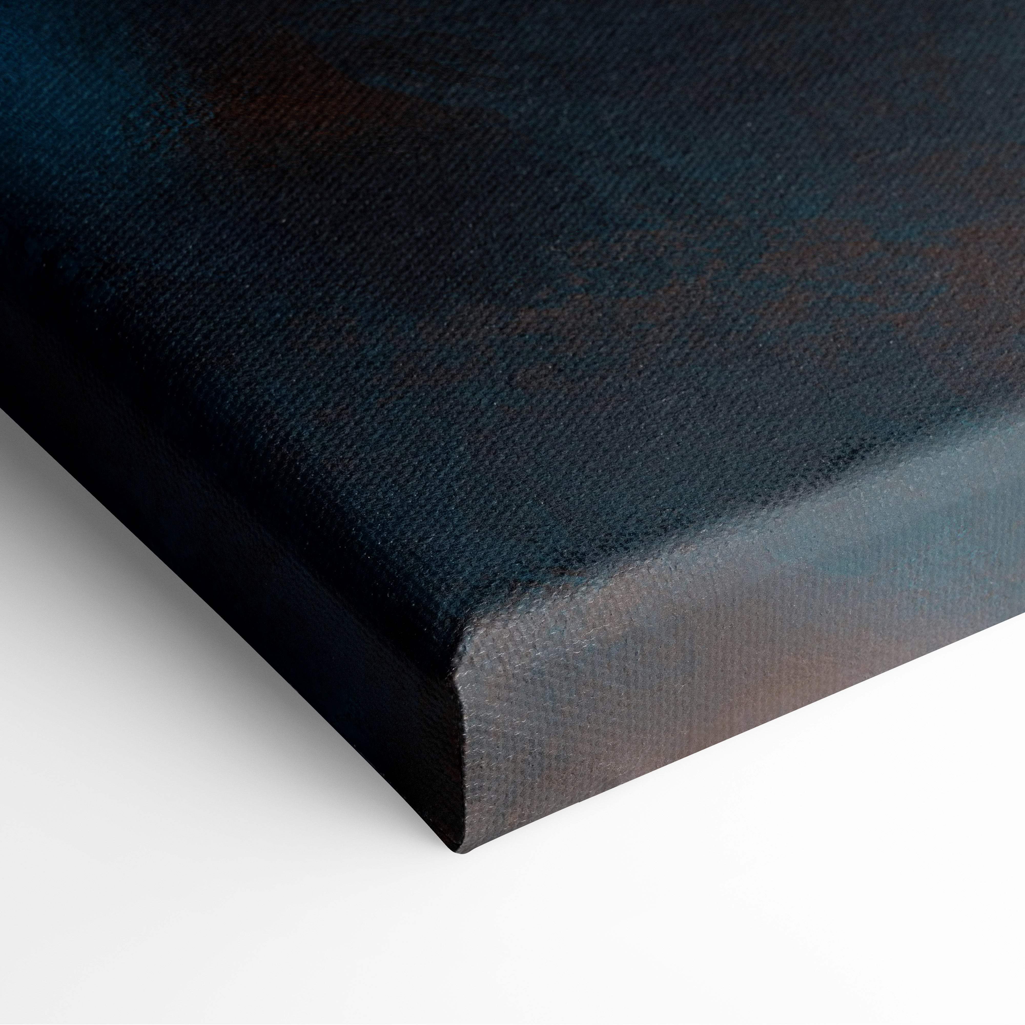 Blue orange abstract canvas wall art print with dark blue textured surface and black frame for modern decor