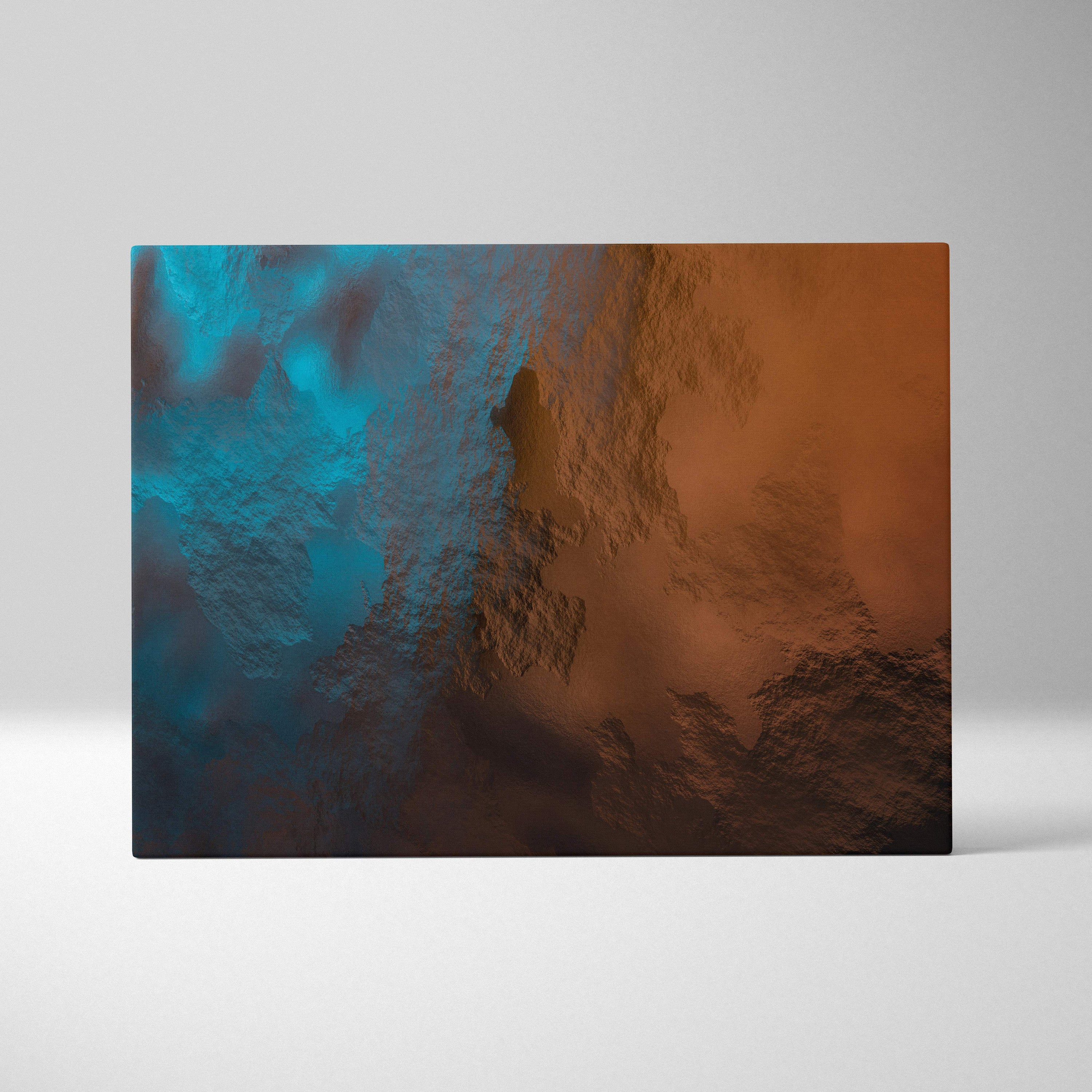 Abstract canvas wall art print with textured split design in vibrant teal and warm amber for modern living spaces