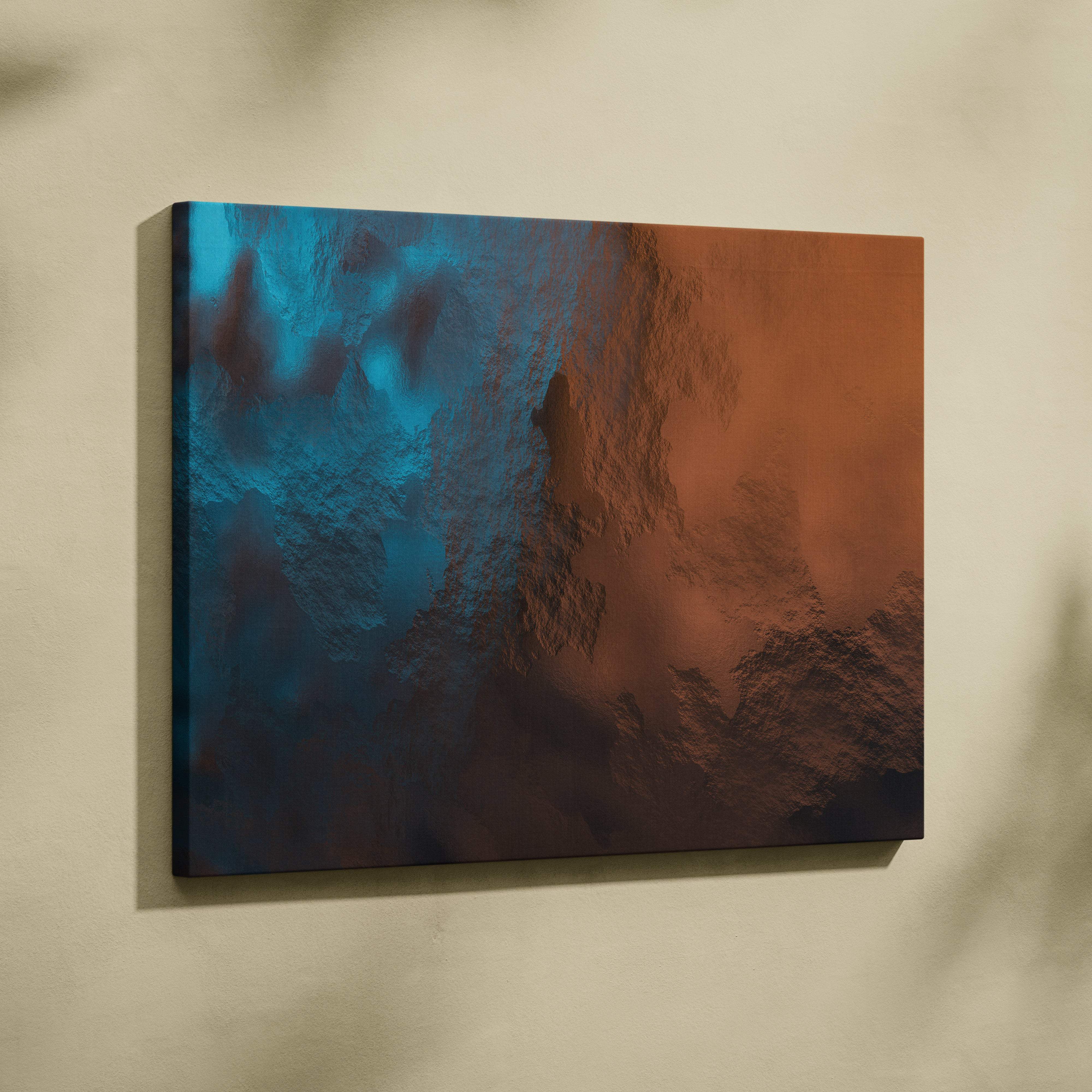 A rectangular canvas print with textured abstract design in vibrant blue and warm orange hues for modern decor