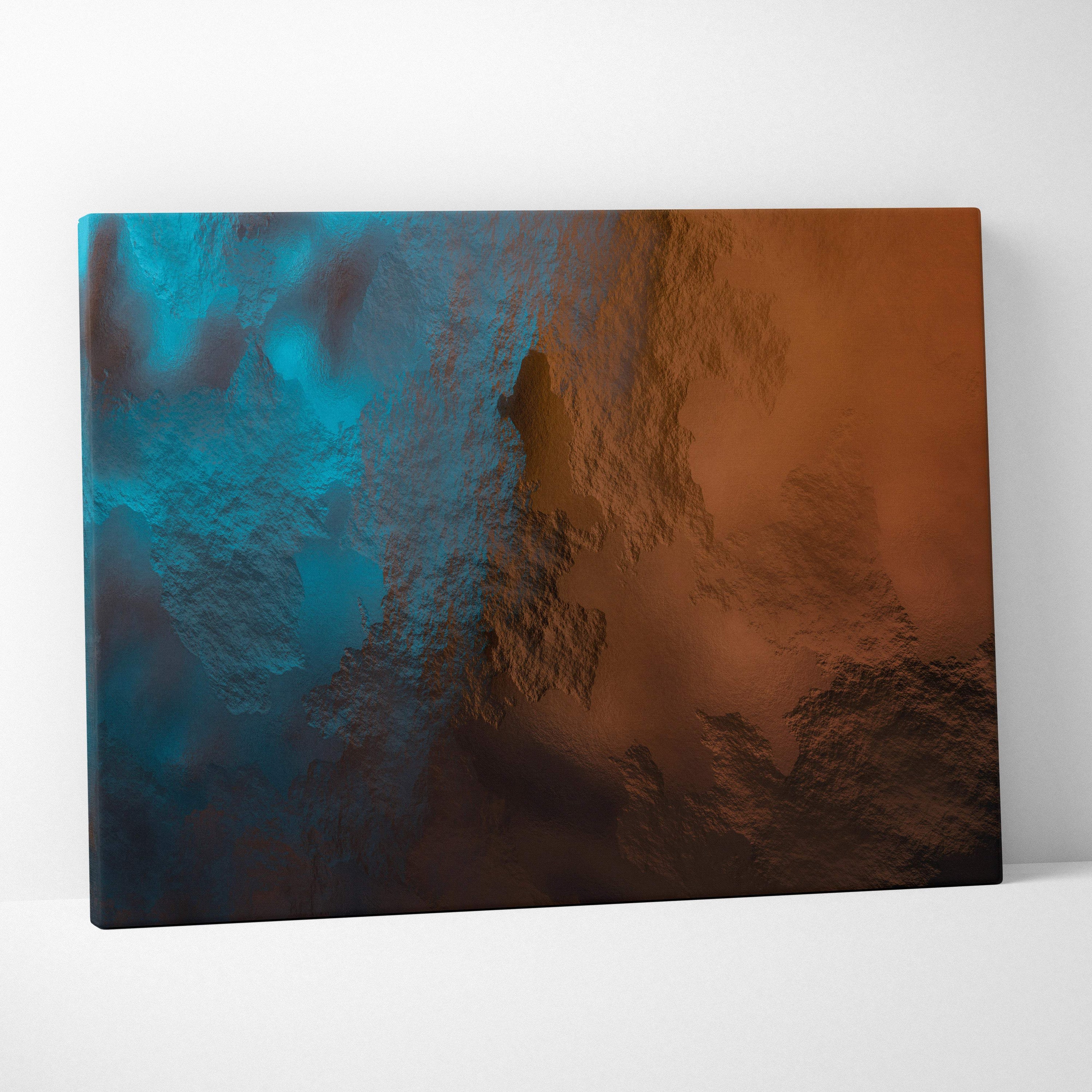 Abstract canvas wall art print with textured swirling blend of deep teal and warm amber for modern living room decor