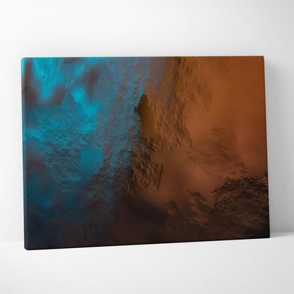 Abstract canvas wall art print with textured swirling blend of deep teal and warm amber for modern living room decor
