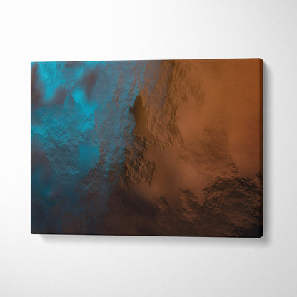Blue orange abstract canvas wall art print with textured teal and terracotta split design for modern living room decor