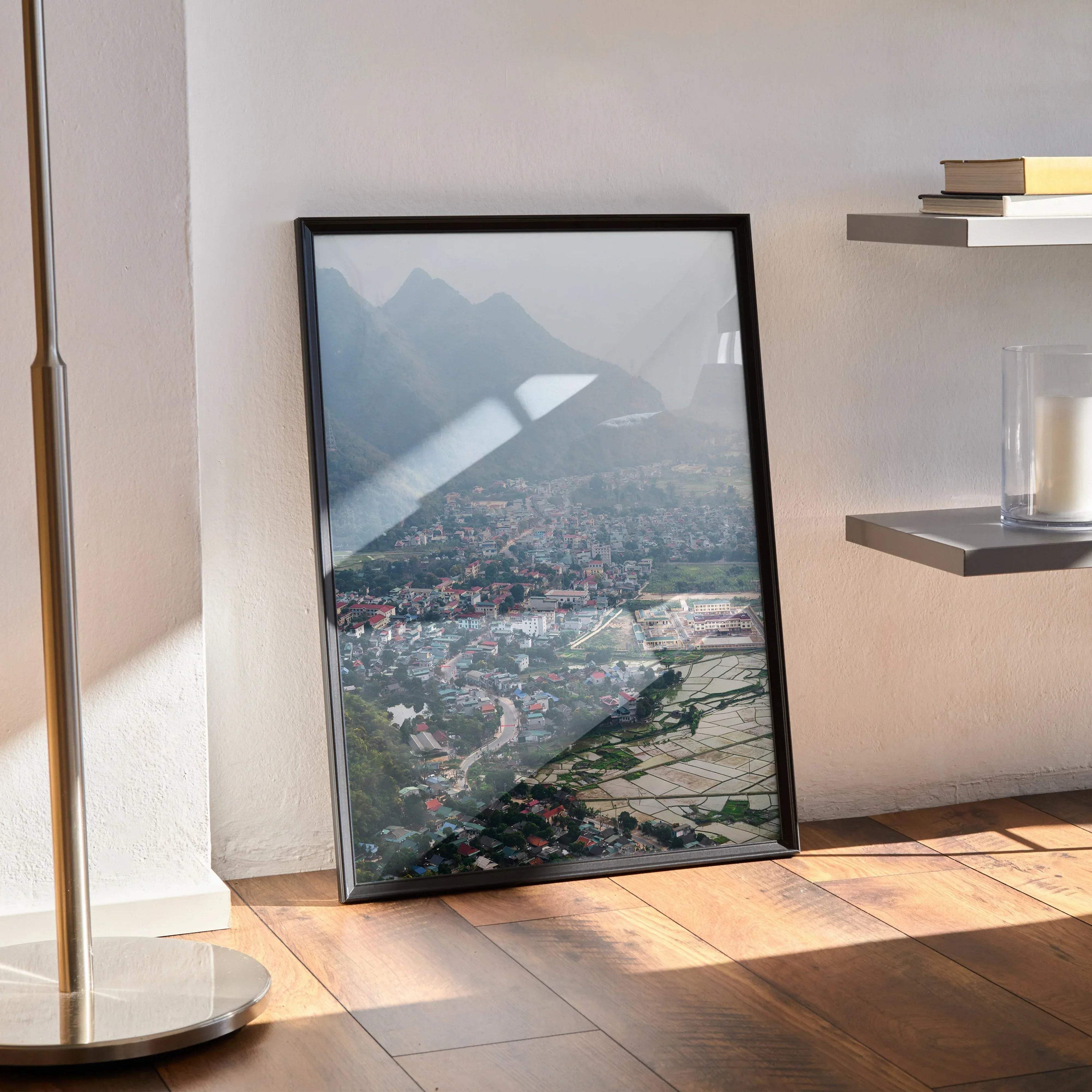 Vertical urban cityscape poster with vibrant colors and mountain backdrop wall art.
