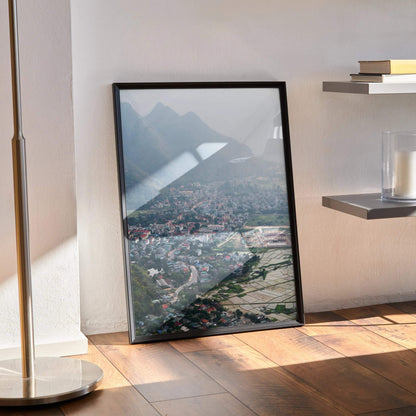 Vertical urban cityscape poster with vibrant colors and mountain backdrop wall art.