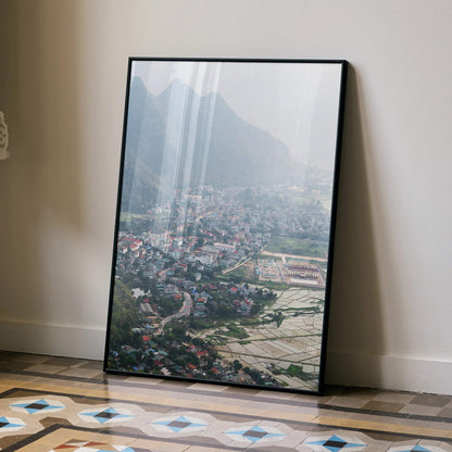Vibrant urban cityscape art poster with mountains and detailed city view, vertical wall art.