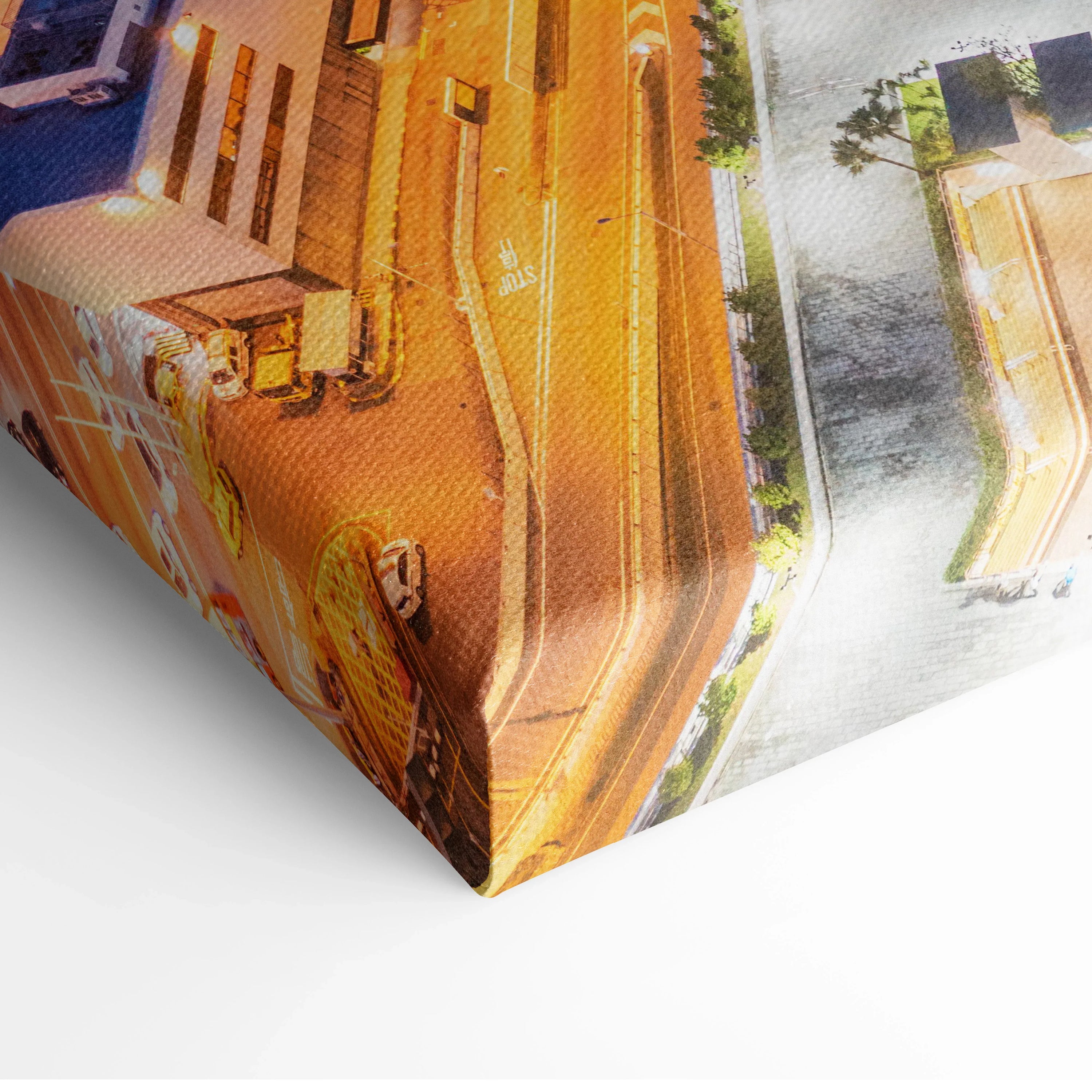 Close-up of vibrant modern cityscape canvas wall art corner with detailed printed buildings and streets.