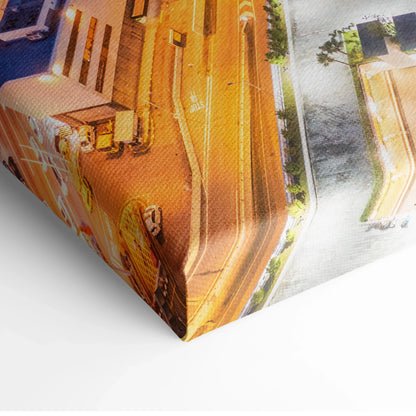 Close-up of vibrant modern cityscape canvas wall art corner with detailed printed buildings and streets.