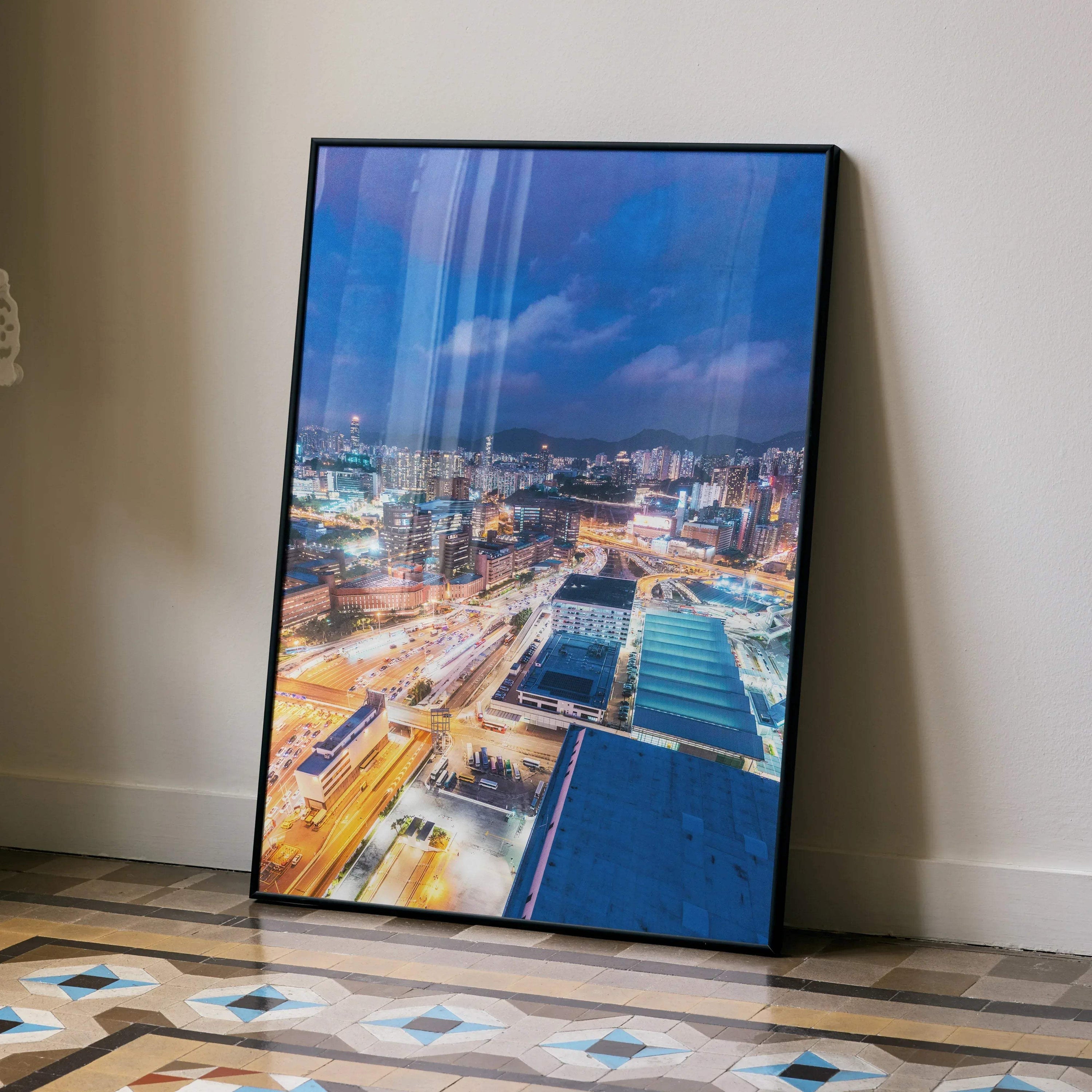 Urban night skyline wall art poster with city lights and skyscrapers in a vertical frame.