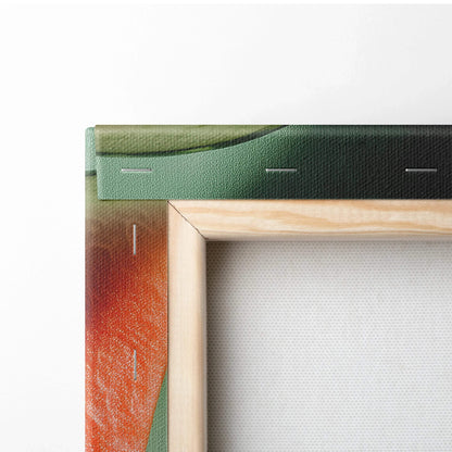 Close-up of wooden frame corner and edge of colorful canvas wall art print.