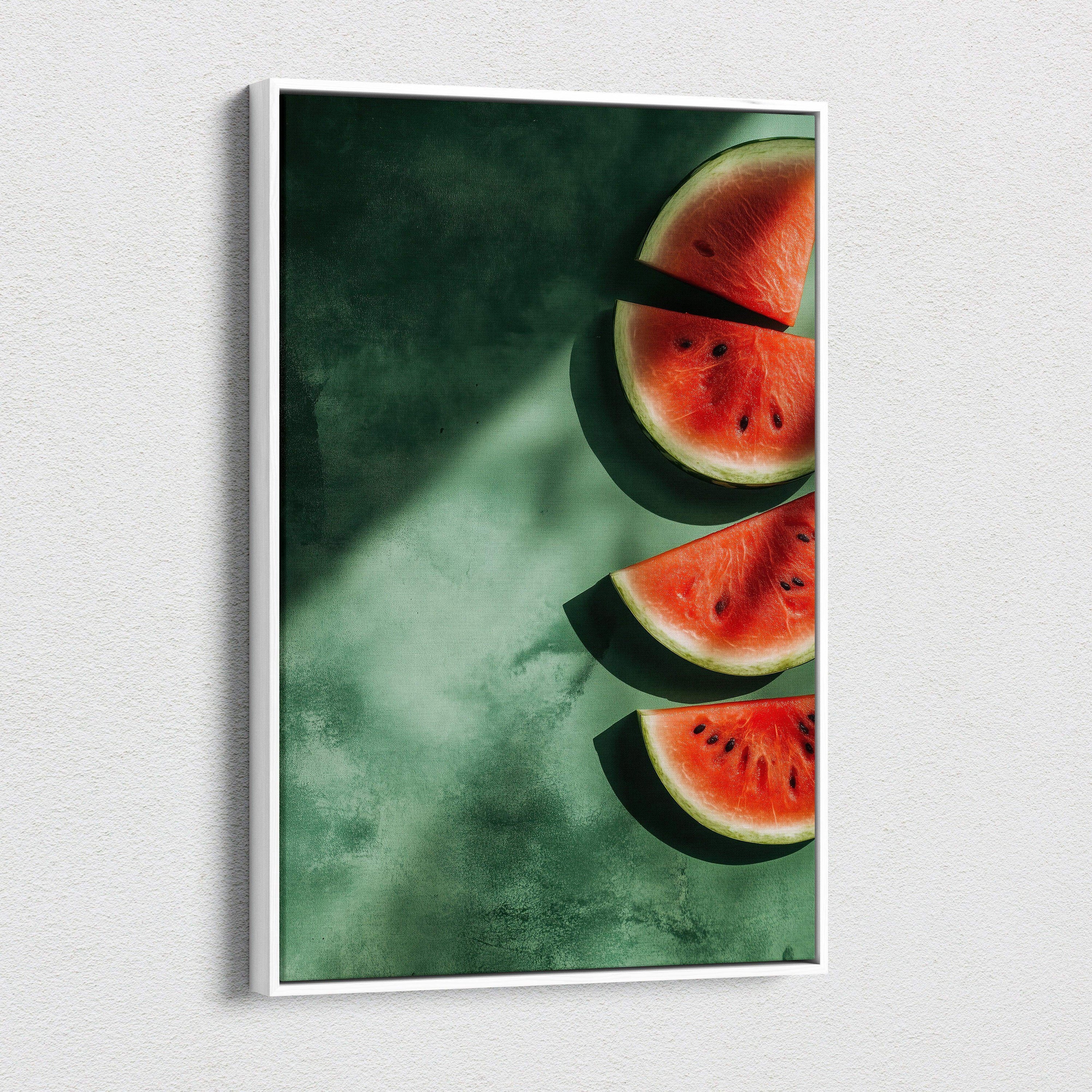 Vertical canvas wall art featuring sliced watermelon on a textured green background.