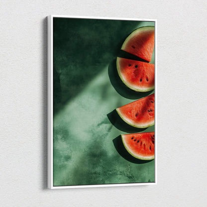 Vertical canvas wall art featuring sliced watermelon on a textured green background.
