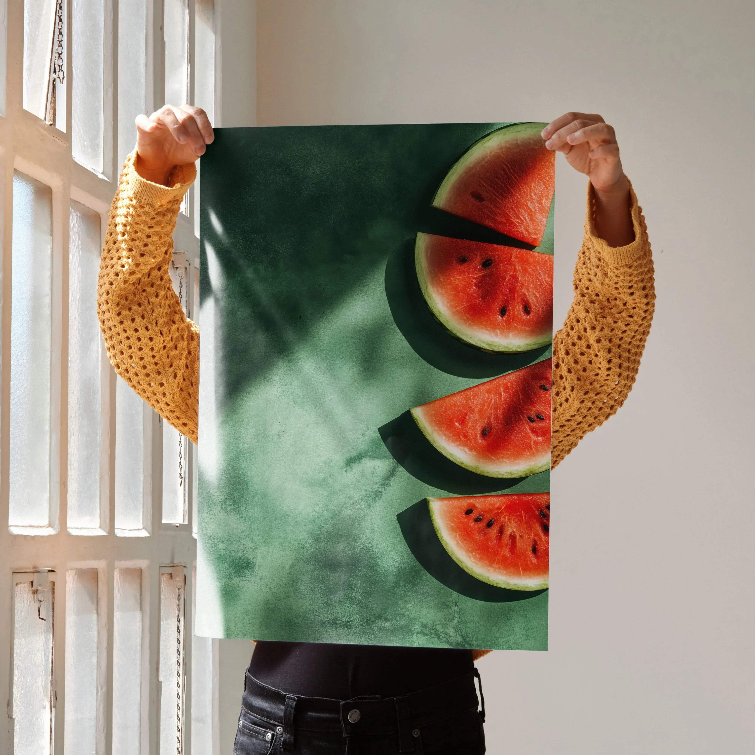 Vertical wall art poster featuring vibrant digital watercolor-style watermelon slices on a green textured background.