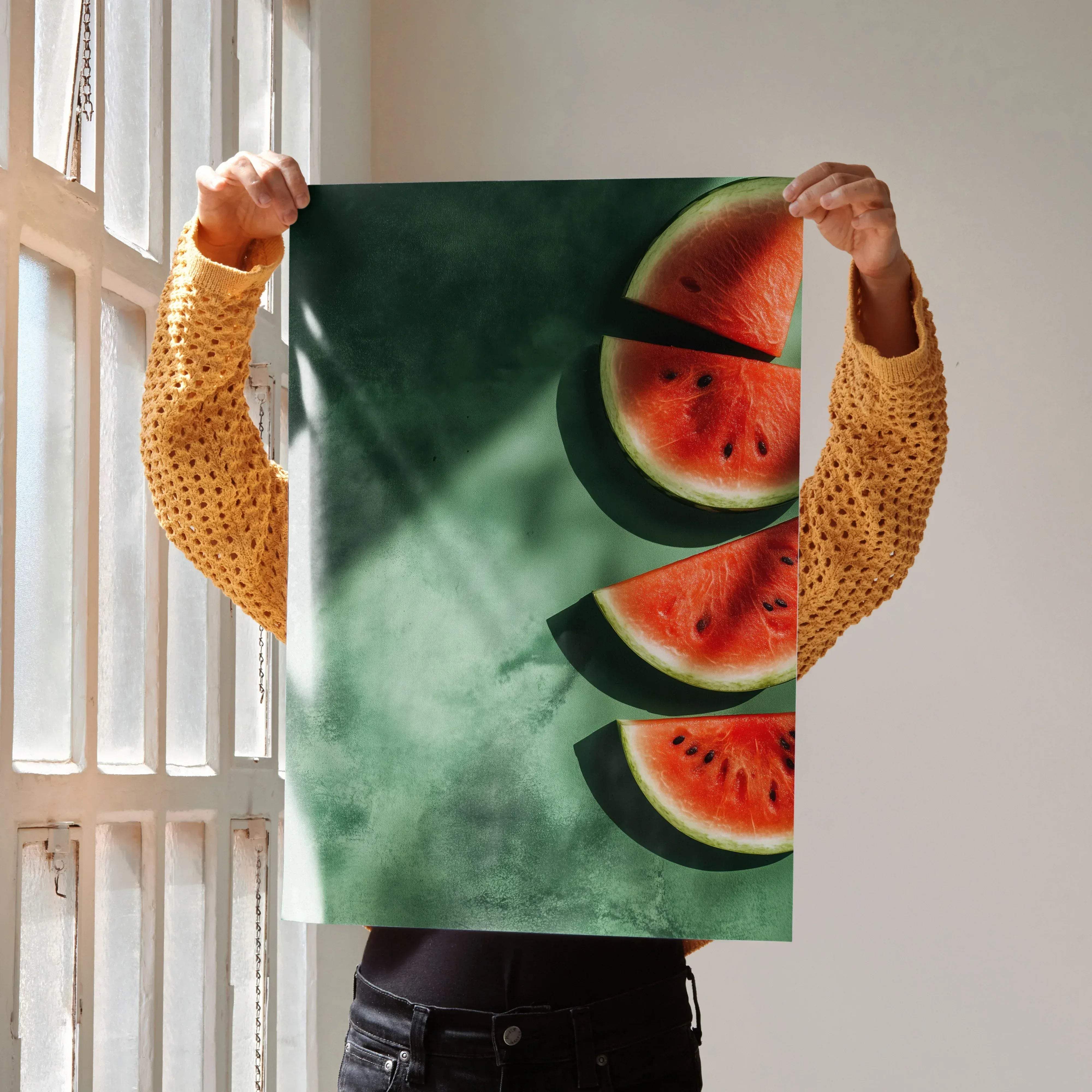 A vibrant food motifs digital art print poster featuring sliced red watermelons with green rinds on a teal background
