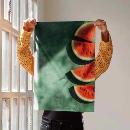 Vertical wall art poster featuring vibrant digital watercolor-style watermelon slices on a green textured background.
