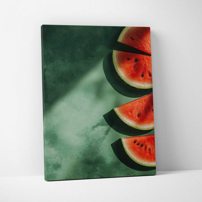 Watermelon slices on green textured background canvas wall art print.