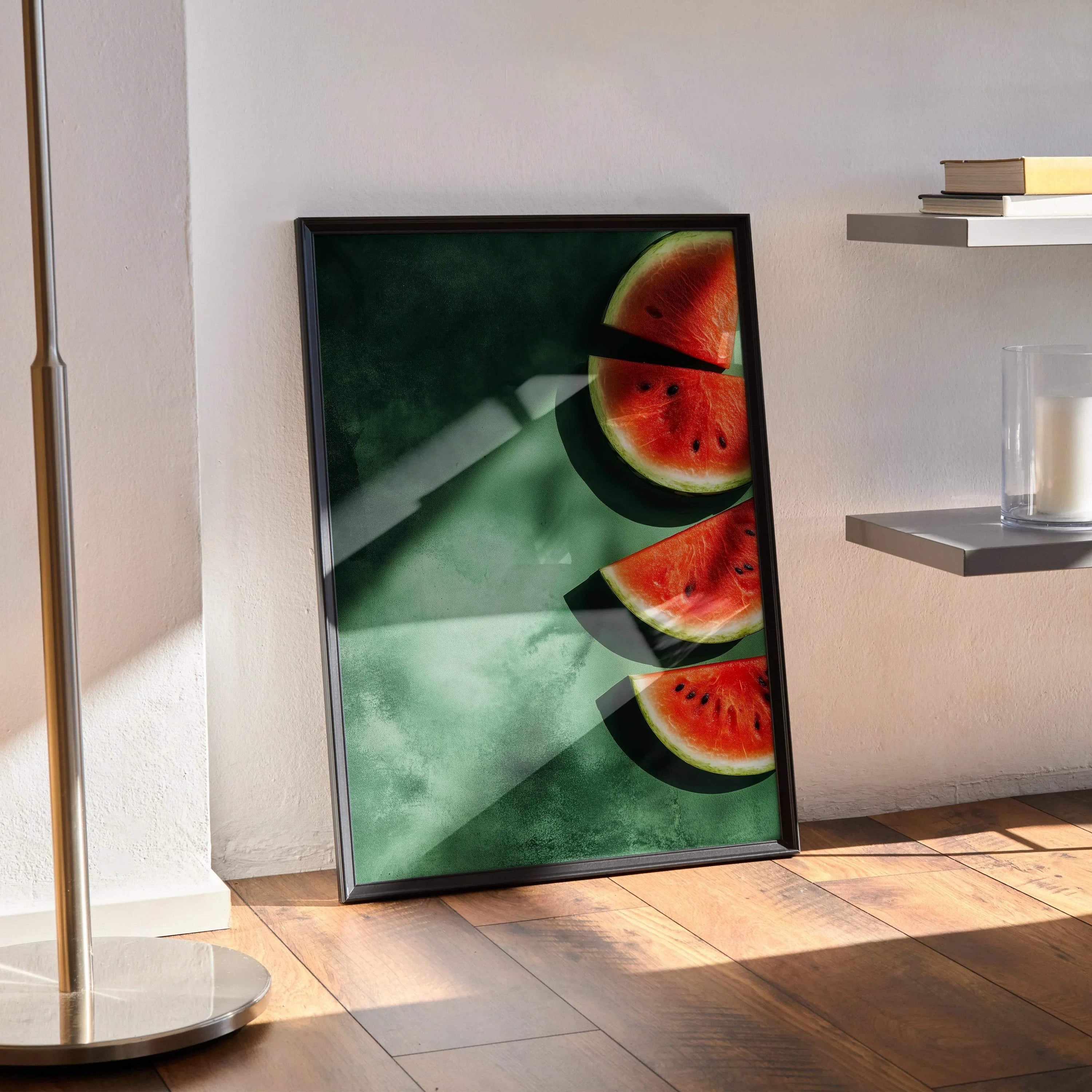 Vibrant watermelon slice poster with rich green background, modern digital food art wall decor.