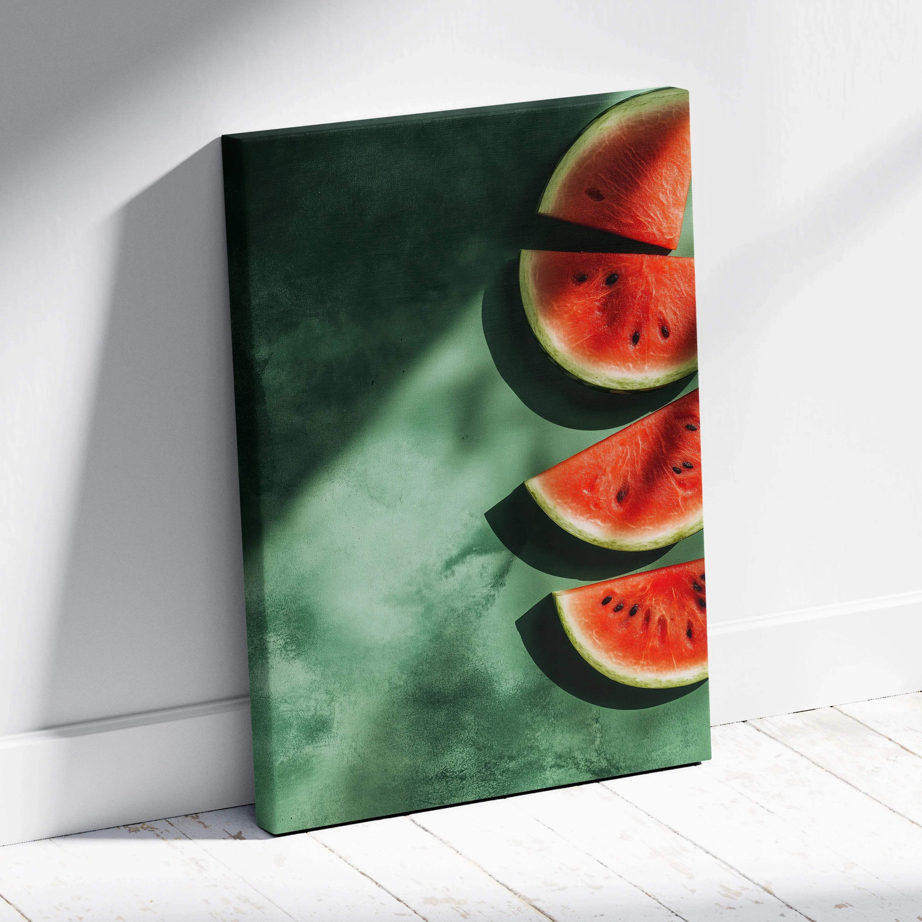 Watermelon slices on green background canvas wall art print with vibrant red and black seeds.