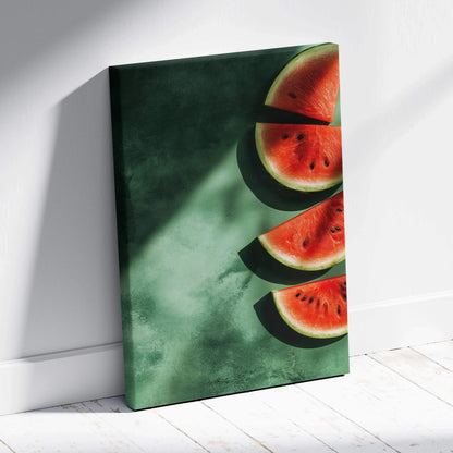 Watermelon slices on green background canvas wall art print with vibrant red and black seeds.