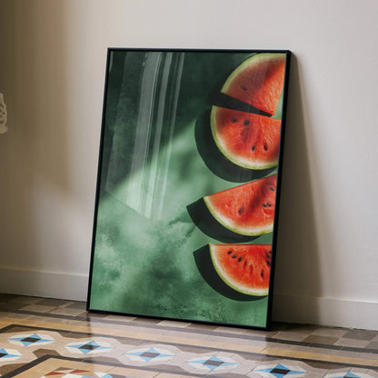 Vibrant watermelon slice digital art poster with dark green watercolor background wall art.
