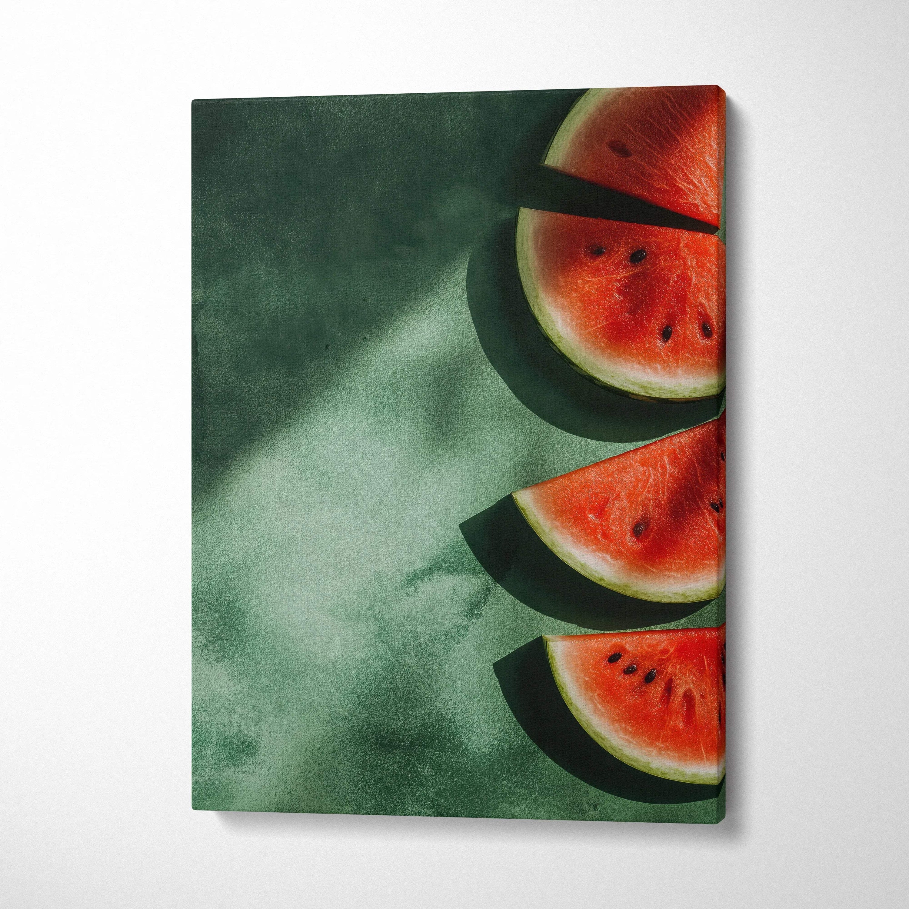 Wall art canvas featuring vibrant red watermelon slices on a dark green textured background.