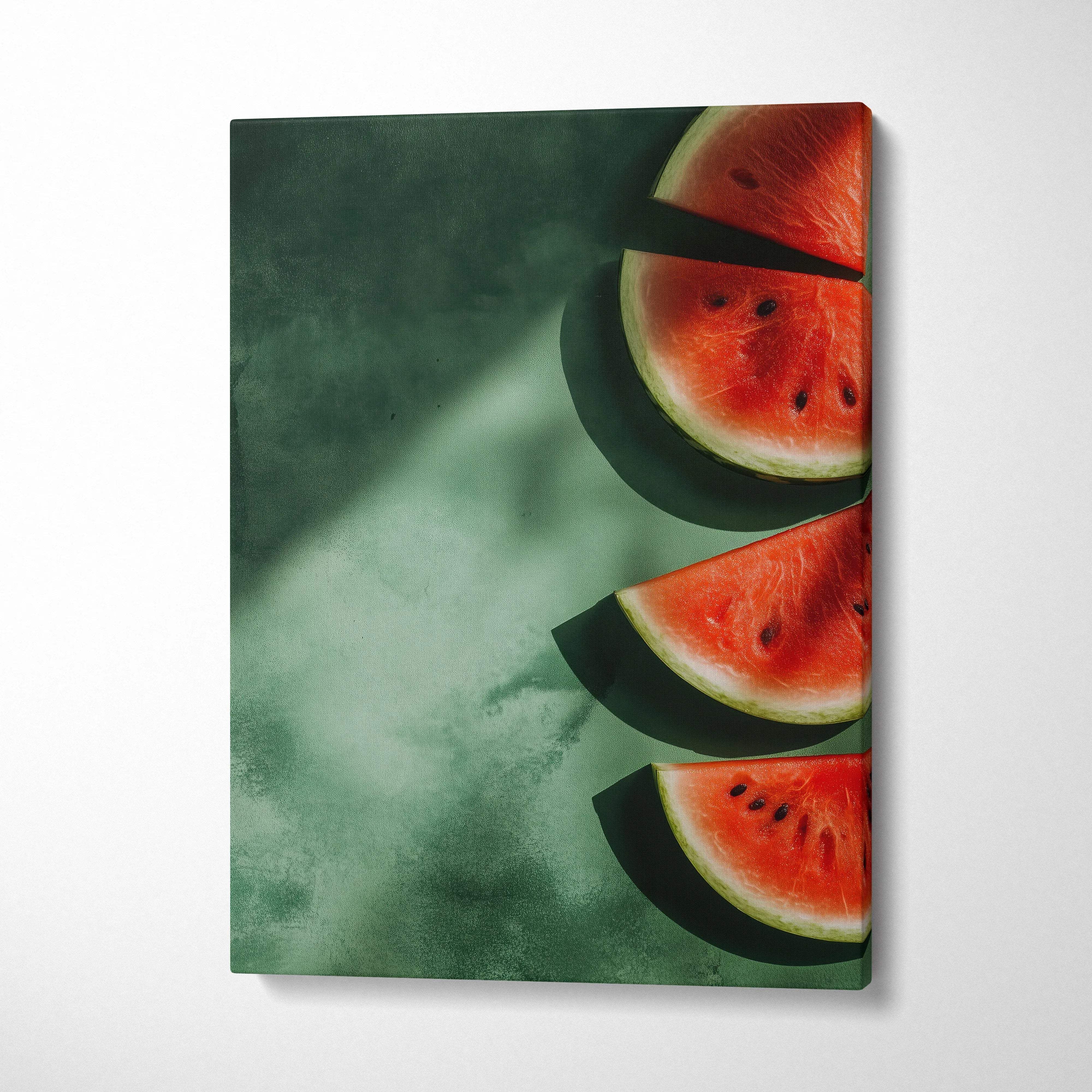 Wall art canvas featuring vibrant red watermelon slices on a dark green textured background.
