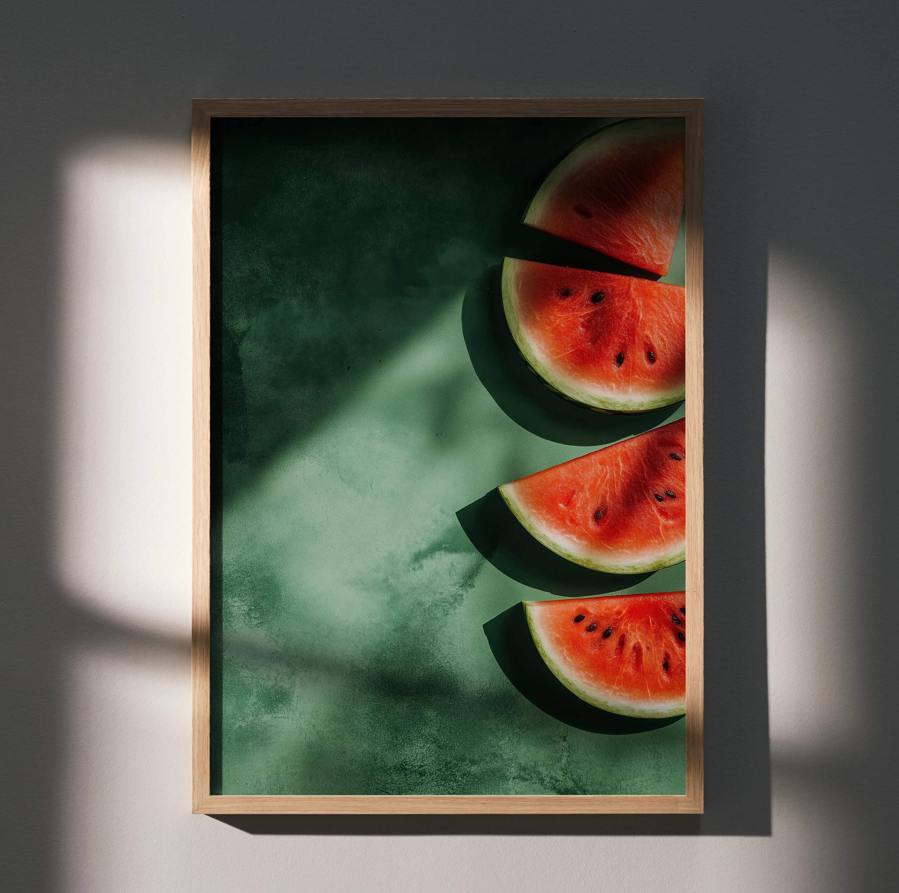 Vibrant watermelon slice digital art poster with deep green background, modern wall art in wooden frame.
