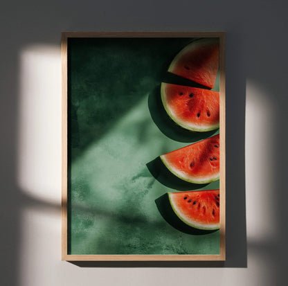 Vibrant watermelon slice digital art poster with deep green background, modern wall art in wooden frame.