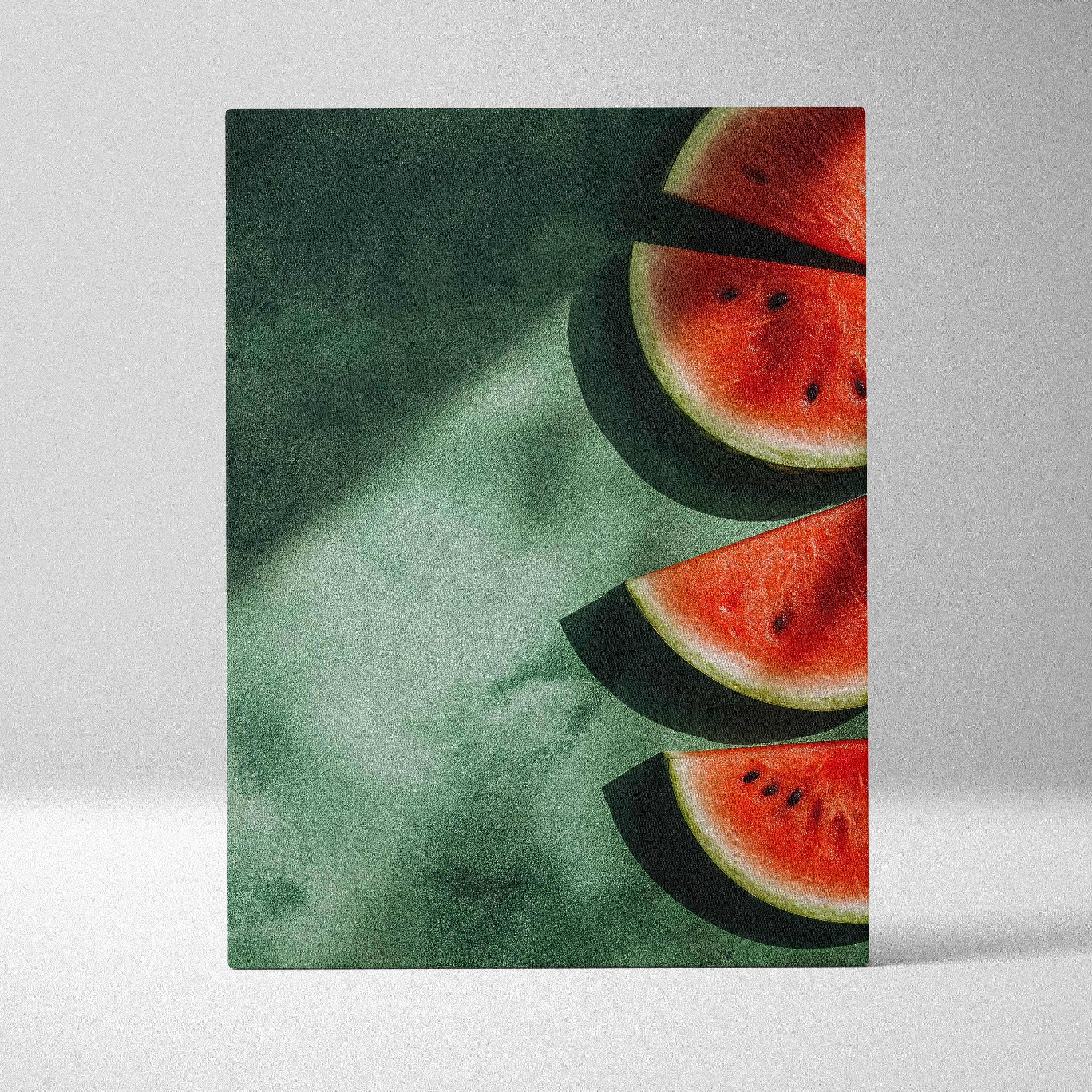 Canvas wall art featuring vibrant sliced watermelon on a textured green background.