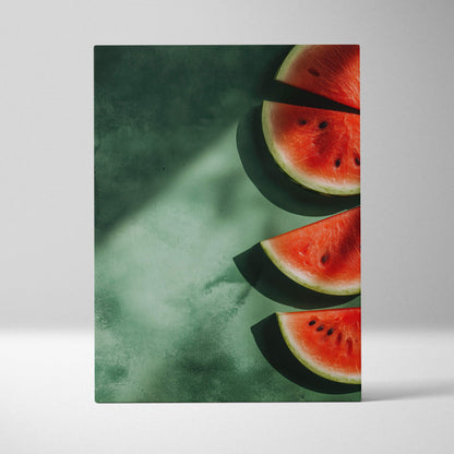 Canvas wall art featuring vibrant sliced watermelon on a textured green background.
