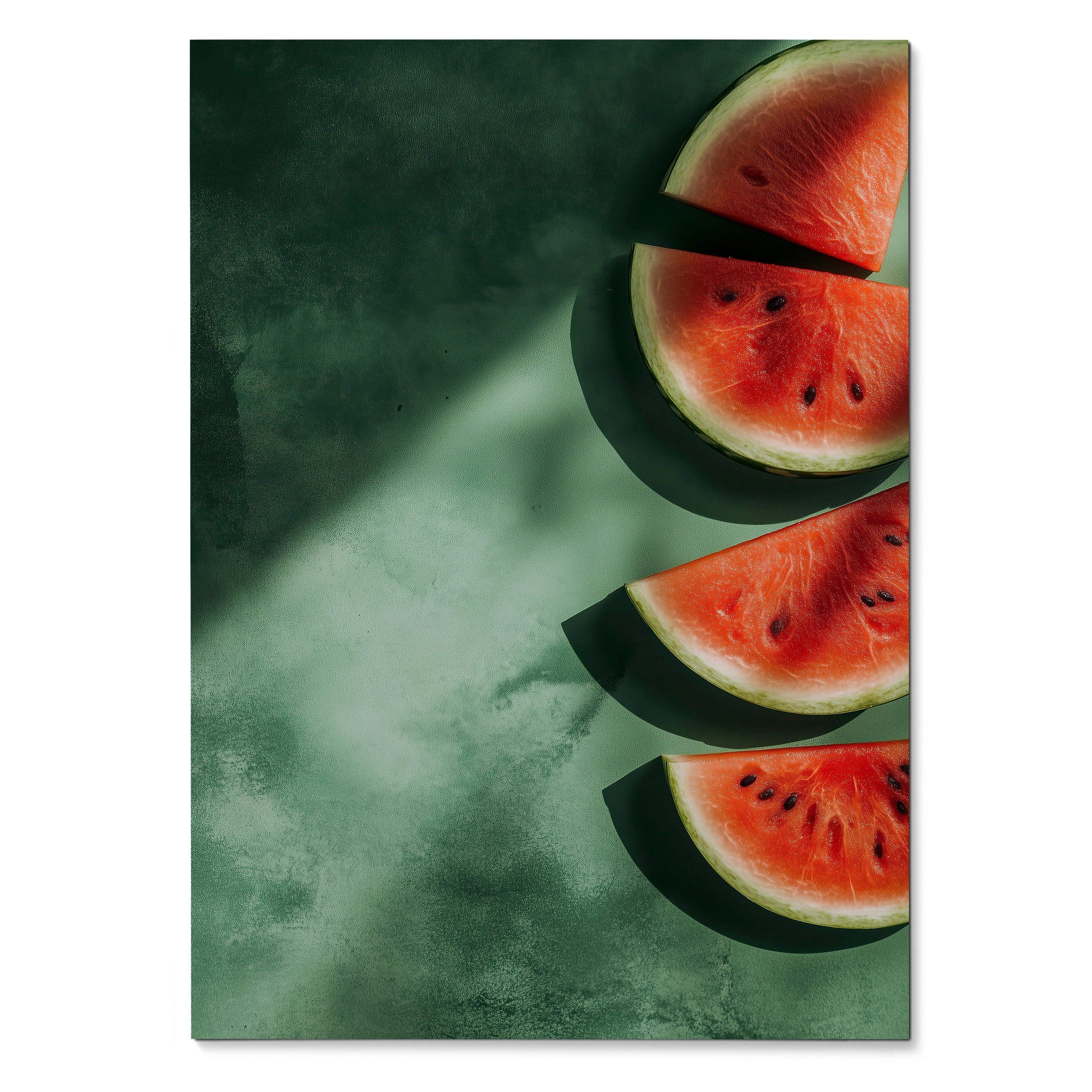 Vertical digital art poster featuring vibrant watermelon slices against a textured dark green background, bright and.