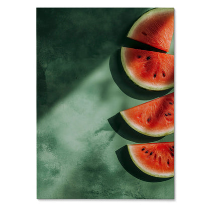 Vertical digital art poster featuring vibrant watermelon slices against a textured dark green background, bright and.