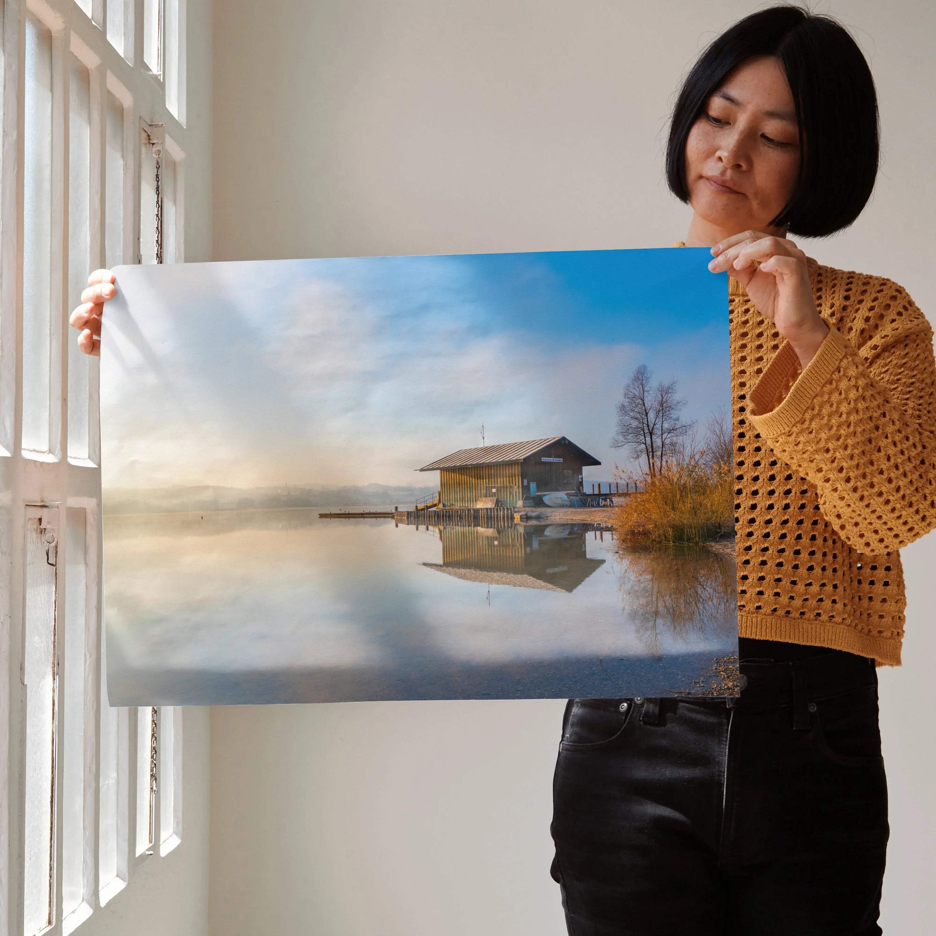 Majestic building landscape wall art poster featuring a serene lakeside house at sunrise with soft reflections on water.